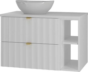 Biały Zestaw Łazienkowy 80cm Szafka z Blatem Regał Umywalka Ryflowane Fronty Arcos