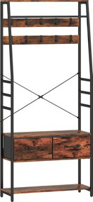 HOMCOM Garderoba z półką na buty, stojak na płaszcze z siedziskiem, 10 haczyków, 2 materiałowe szuflady, drążek, płyta wiórowa, metal, brązowy