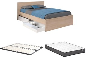 Łóżko z 2 szufladami 140 x 190 cm - Naturalny i biały z połyskiem + Stelaż + Materac - VELONA