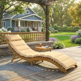 Outsunny Leżak słoneczny składany odporny na warunki atmosferyczne leżak ogrodowy z drewna z tapicerką i zagłówkiem uchwyt do przenoszenia 183 x 54 x 63 cm, beżowy | Aosom PL