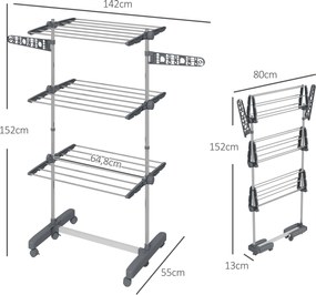 HOMCOM Stojak na pranie składana suszarka do ubrań 4 poziomy system One-Click 142x55x152 cm | Aosom PL