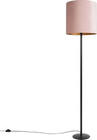Lampa stojąca czarna z różowym aksamitnym abażurem ze złotem 40 cm - Simplo