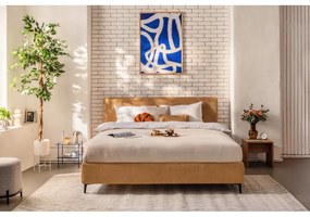 Musztardowe tapicerowane łóżko dwuosobowe z materacem i stelażem 160x200 cm Noira Slim – Bonami Selection