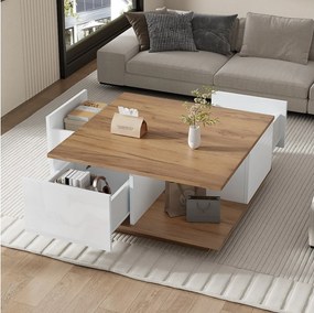 Biały kwadratowy stolik kawowy z 3 szufladami do przechowywania i blatem z widocznym usłojeniem drewna – Do salonu