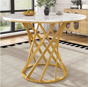 Stół jadalny 4-osobowy - 80 x 80 x 76cm - okrągły stół z nogami metalowymi w kolorze złotym - blat z płyty MDF marmurkowej - płyta MDF + metal - biały