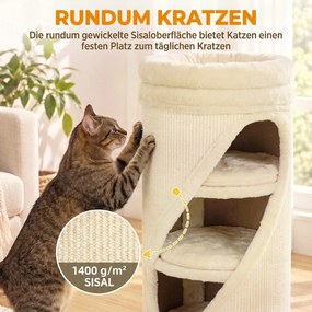 PawHut Beczka do drapania 75 cm wys. Ø 35 cm 4-poziomowa kocia beczka z 3 jaskiniami, zdejmowane prane pluszowe legowisko, mata z sizalu | Aosom PL