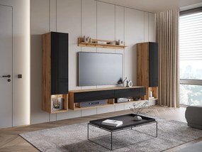 Nowoczesna meblościanka z LED – zestaw wiszący do salonu 2 słupki + szafka RTV 180 cm + półka, korpus dąb wotan, fronty czarny połysk