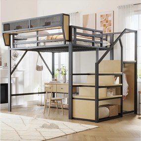 Łóżko piętrowe dla dzieci - 140 x 200 cm - ze schodkami do przechowywania + szafa - MDF + Metal - czarne