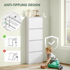 HOMCOM Wąska Biała Szafka na Buty Metalowa do 8 Par Butów z 4 Składanymi Szufladami, dla Przedpokoju, Biała