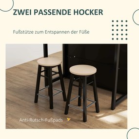 HOMCOM 3-cz. Zestaw Barowy, Bartisch ze Składanym Blatem, 2 Stołki Barowe, 6 Schowków, Czarny+Dąb, 116 x 70 x 89,5 cm