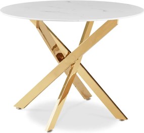 Stół Okrągły Szklany BALI 100 cm Biały Marmur/Złoty Glamour