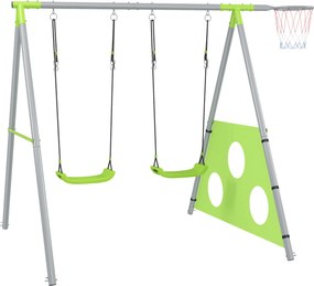 AIYAPLAY Zestaw huśtawkowy dla dzieci, 2 siedziska huśtawkowe, 1 kosz do koszykówki, 1 bramka do piłki nożnej, stelaż metalowy, zielony