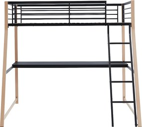 Łóżko z antresolą MALICIA – 90 × 190 cm – wbudowane biurko – kolor czarny i dębowy, w zestawie z materacem