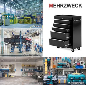 HOMCOM Szafka na Narzędzia, Skrzynka Narzędziowa, 5 Szuflad, na Kółkach, Stal, Czarna