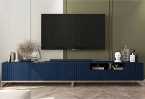 Szafka RTV z 7 drzwiami i wnęką – korpus Granatowy mat, fronty ryflowane Granatowe mat – 300 cm, metalowy stelaż