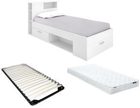 Łóżko LEANDRE z zagłówkiem, ze skrzynią i szufladą – 90 × 190 cm – Biały + materac + stelaże - LEANDRE