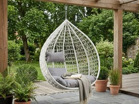 Białe wiszące krzesło KOKON bez stojaka, jasna poduszka