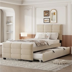 Łóżko dziecięce tapicerowane - 90 x 190 cm - z łóżkiem wysuwanym 90 x 190 + zagłówek - MDF + Metal + Aksamit - beż