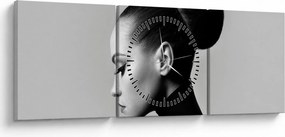 Obraz - Profil pięknej kobiety (z zegarem) (90x30 cm)