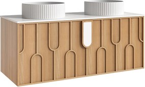 Wiszaca szafka łazienkowa teksturowana z podwójną okrągłą, prążkowaną umywalką nablatową - Jasny naturalny - szer. 120 cm - MERKAN