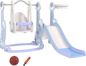 AIYAPLAY 4 w 1 Kryty plac zabaw, zestaw zjeżdżalni i huśtawki dla małych dzieci, kosz do koszykówki, design rakietowy, plastik, Jasnoniebieski