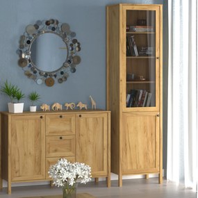 Komoda Dwudrzwiowa z Szufladami Drewniana do Salonu DALE 118 cm Dąb craft złoty Klasyczna