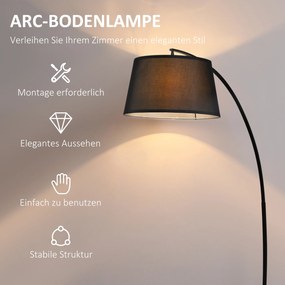 HOMCOM Lampa Stojąca z Abażurem z Tkaniny, Łukowa Lampa Podłogowa z Okrągłą Podstawą, Metal, 105L x 47S x 190W cm, Czarna