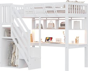 Łóżko piętrowe dla dzieci - 90 x 200 cm - ze schodkami do przechowywania + biurko + port USB + diody LED - drewno - białe
