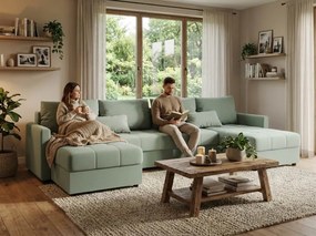 Rozkładana sofa w kształcie U VENORIA 285x146 cm, jasny zielony + 2 poduszki GRATIS