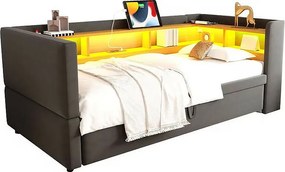 Kanapa rozkładana tapicerowana 90/180x190 cm - z oświetleniem LED - z gniazdkiem - liczne schowki - ciemnoszara (materac nie wliczony)