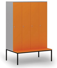 Drewniana szafa ubraniowa S4 z ławką, 4-drzwiowa, 1871 x 1200 x 500/800 mm, demontaż, zamek cylindryczny, szary/pomarańczowy