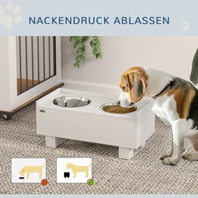PawHut Podwyższona Stacja Karmienia dla Psów, z Wyjmowaną Matą Antypołykania, 2 Miski Aluminiowe, Schowek, Biały