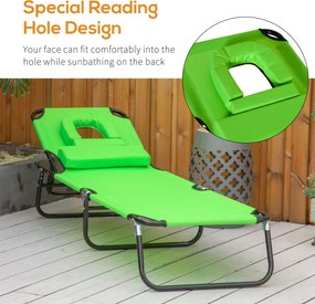 Outsunny Leżak z otworem na twarz &amp; poduszką, składany, wodoodporne pokrycie, metalowy stelaż, zielony | Aosom PL