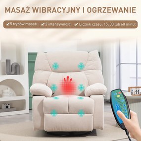 HOMCOM Fotel Masażowy z Funkcją Ogrzewania i Leżenia, Obrotowy, Do 150 kg, Konstrukcja Metalowa, 98x90x98cm, Beżowy