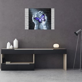 Obraz - Fioletowy motyl na ścianie (70x50 cm)