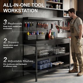 HOMCOM Stacja robocza z regulowanymi półkami, solidna stacja robocza z perforowaną płytą i 2 szufladami, 122 x 61 x 156 cm, Czarna | Aosom PL