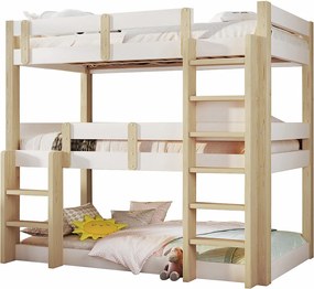 Łóżko piętrowe 90x190 cm - Łóżko potrójne - z drabiną bezpieczeństwa - Biały + naturalny​ (materac nie jest wliczony w cenę)