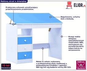 Niebiesko-białe biurko z uchylnym blatem do rysowania dziecięce K7-E65