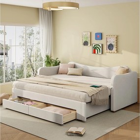 Sofa rozkładana z wysuwanym łóżkiem - 90/180 x 200 cm - z 2 szufladami + port USB - aksamitna - beżowa
