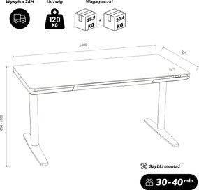 Biurko elektryczne sit-stand z szufladą i ładowarką bezprzewodową Qi białe, 1400 mm: ELLIS