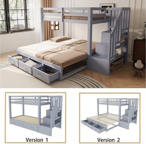 Łóżko piętrowe dla dzieci - 90 x 200 cm - z łóżkiem wysuwanym 90/180 x 190 cm + drabinka + szuflady - drewno - kolor szary