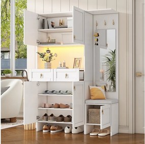 Zestaw garderoby/garderoby - 120 x 33,5 x 180 cm - z ławką + półką na buty + 3 wieszakami + 2 szufladami + 1 lustrem - płyta wiórowa - biały