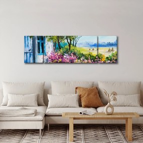 Obraz ogrodu przed domem, obraz olejny (170x50 cm)