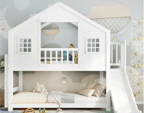 Łóżko piętrowe dla dzieci 90x200 cm - ze zjeżdżalnią i drabiną - z dachem i oknami - lite drewno + MDF - biały​ (bez materaca)