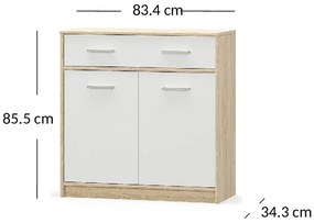 Komoda Dwudrzwiowa z Szufladą Wąska do Salonu DEW 83 cm Dąb sonoma/biała Nowoczesna