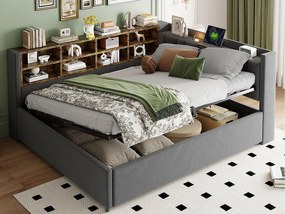 Tapicerowana sofa z funkcją spania i schowkiem 90×200 cm - z oświetleniem - z portem USB i Type-C - Aksamit - Ciemnoszary (bez materaca)