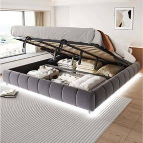 Łóżko ze schowkiem 180 x 200 cm - Łóżko dla dorosłych z oświetleniem LED i schowkiem - szara flanela - bez materaca