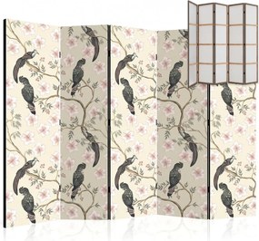 Parawan pokojowy 5-częściowy 225x172 Jednostronny dekoracyjny chinoiserie vintage Kremowy Tukany W Hibiskusach