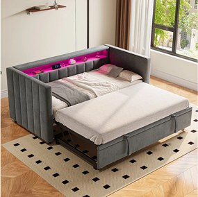 Rozkładana sofa - 90/180 x 190 cm - z portem USB, diodami LED i schowkiem - aksamitna - szara