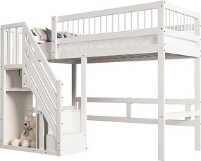 Łóżko piętrowe dla dzieci - 90 x 200 cm - schody z pojemnikiem - drewno - białe